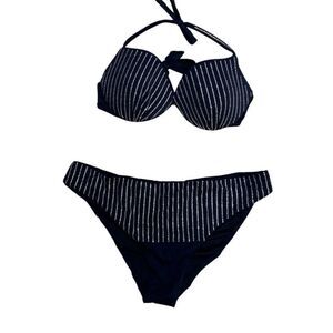 NWOT Calzedonia M Black Crystal Embellished Striped Halter Bikini Set 2 Piece